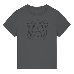 Black outline illustration of the head of a English Bulldog on the front of an anthracite grey ladies t-shirt