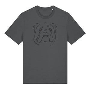 Black outline illustration of the head of a English Bulldog on the front of an anthracite grey unisex t-shirt