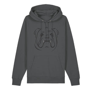 Black outline illustration of the head of an English Bulldog on the front of an anthracite grey unisex Hoodie