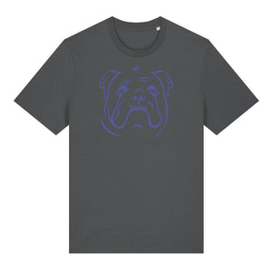 Blue outline illustration of the head of a English Bulldog on the front of an anthracite grey unisex t-shirt