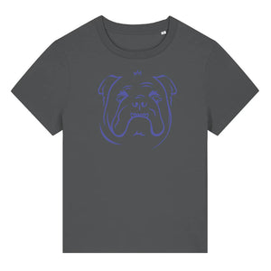 Blue outline illustration of the head of a English Bulldog on the front of an anthracite grey ladies t-shirt