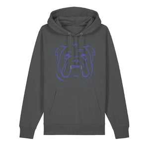 Blue outline illustration of the head of an English Bulldog on the front of an anthracite grey unisex Hoodie