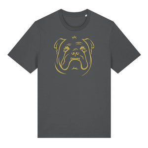 Gold outline illustration of the head of a English Bulldog on the front of an anthracite grey unisex t-shirt