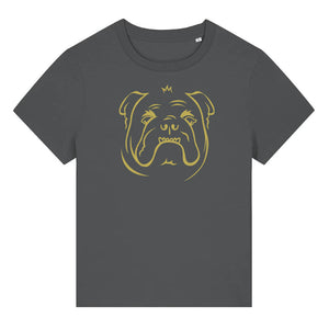 Gold outline illustration of the head of a English Bulldog on the front of an anthracite grey ladies t-shirt
