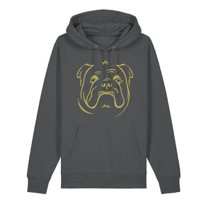 Gold outline illustration of the head of an English Bulldog on the back of an anthracite grey unisex Hoodie