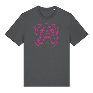 Magenta outline illustration of the head of a English Bulldog on the front of an anthracite grey unisex t-shirt