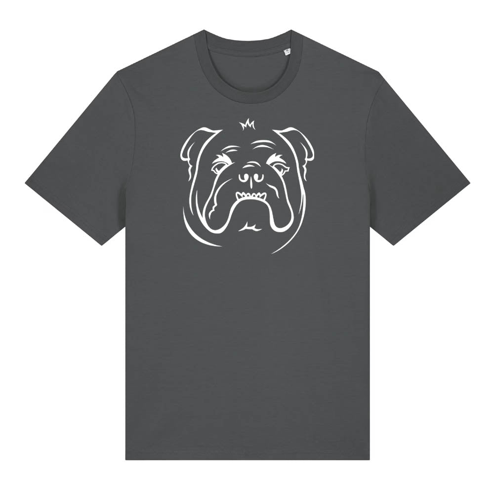 White outline illustration of the head of a English Bulldog on the front of an anthracite grey unisex t-shirt
