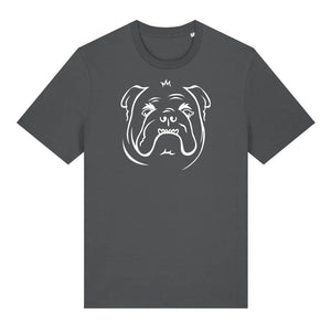 White outline illustration of the head of a English Bulldog on the front of an anthracite grey unisex t-shirt