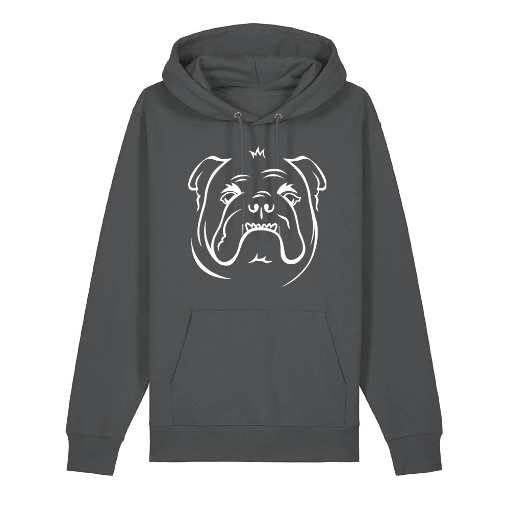 White outline illustration of the head of an English Bulldog on the front of an anthracite grey unisex Hoodie