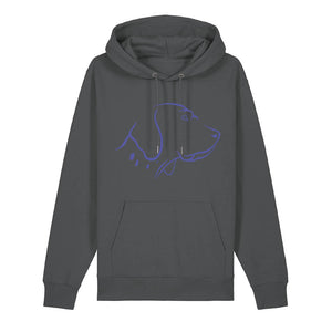Blue outline illustration of the head of an English Pointer on the front of an anthracite grey unisex Hoodie