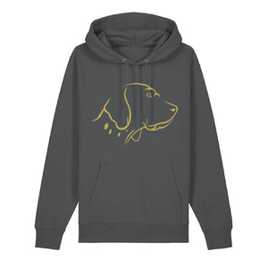 Gold outline illustration of the head of an English Pointer on the front of an anthracite grey unisex Hoodie