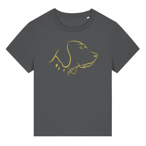 Gold outline illustration of the head of an English Pointer on the front of an anthracite grey ladies t-shirt