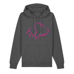 Magenta outline illustration of the head of an English Pointer on the front of an anthracite grey unisex Hoodie