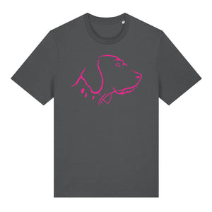 Magenta outline illustration of the head of an English Pointer on the front of an anthracite grey unisex t-shirt