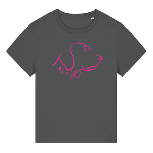 Magenta outline illustration of the head of an English Pointer on the front of an anthracite grey ladies t-shirt