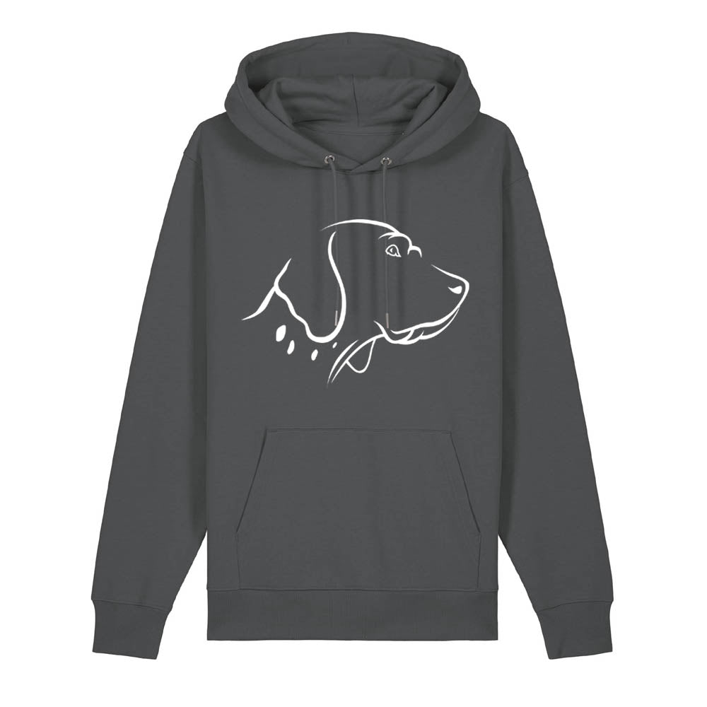 White outline illustration of the head of an English Pointer on the front of an anthracite grey unisex Hoodie