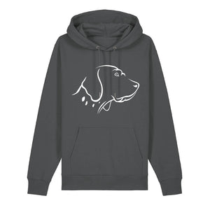 White outline illustration of the head of an English Pointer on the front of an anthracite grey unisex Hoodie