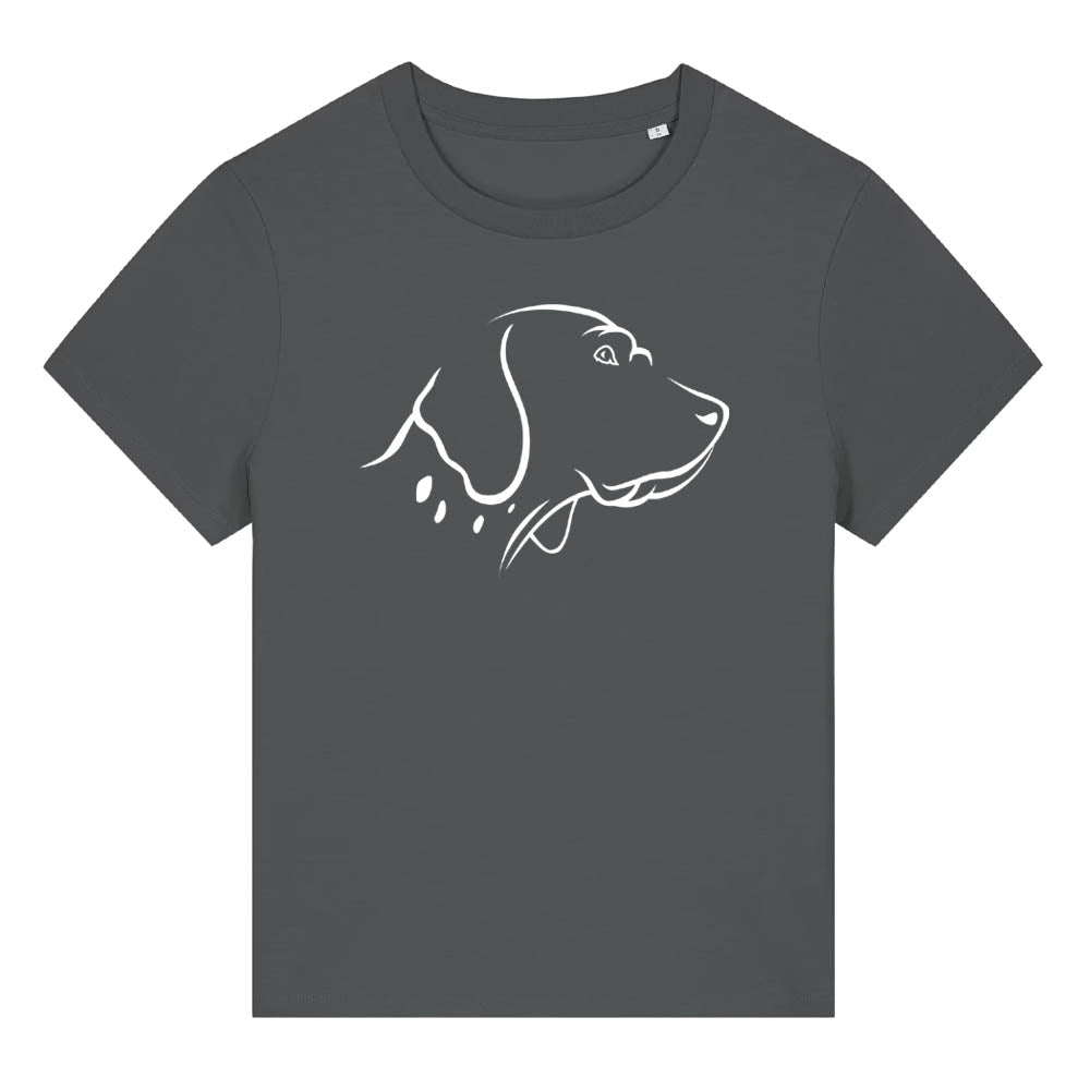 White outline illustration of the head of an English Pointer on the front of an anthracite grey ladies t-shirt