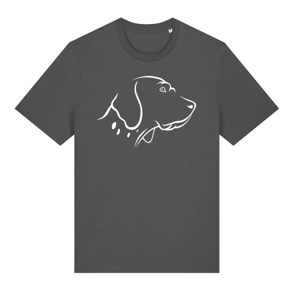 White outline illustration of the head of an English Pointer on the front of an anthracite grey unisex t-shirt