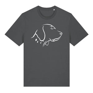 White outline illustration of the head of an English Pointer on the front of an anthracite grey unisex t-shirt