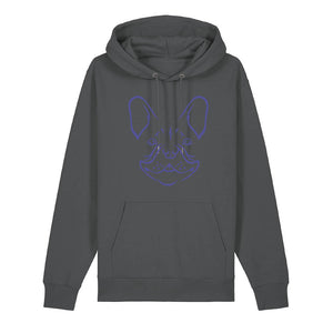 Blue outline illustration of the head of a French Bulldog on the front of an anthracite grey unisex Hoodie