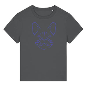 Blue outline illustration of the head of a French Bulldog on the front of an anthracite grey ladies t-shirt