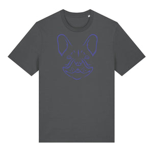 Blue outline illustration of the head of a French Bulldog on the front of an anthracite grey unisex t-shirt