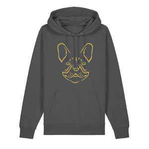 Gold outline illustration of the head of a French Bulldog on the front of an anthracite grey unisex Hoodie