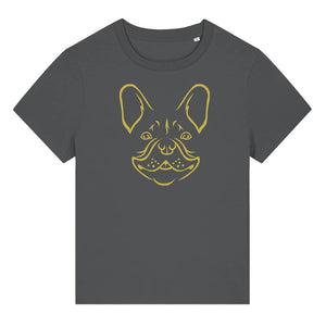Gold outline illustration of the head of a French Bulldog on the front of an anthracite grey ladies t-shirt