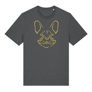 Gold outline illustration of the head of a French Bulldog on the front of an anthracite grey unisex t-shirt