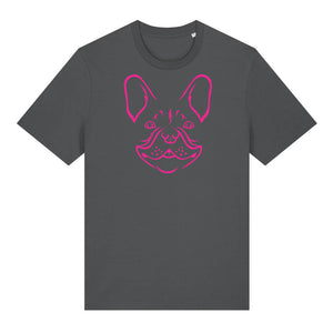Magenta outline illustration of the head of a French Bulldog on the front of an anthracite grey unisex t-shirt