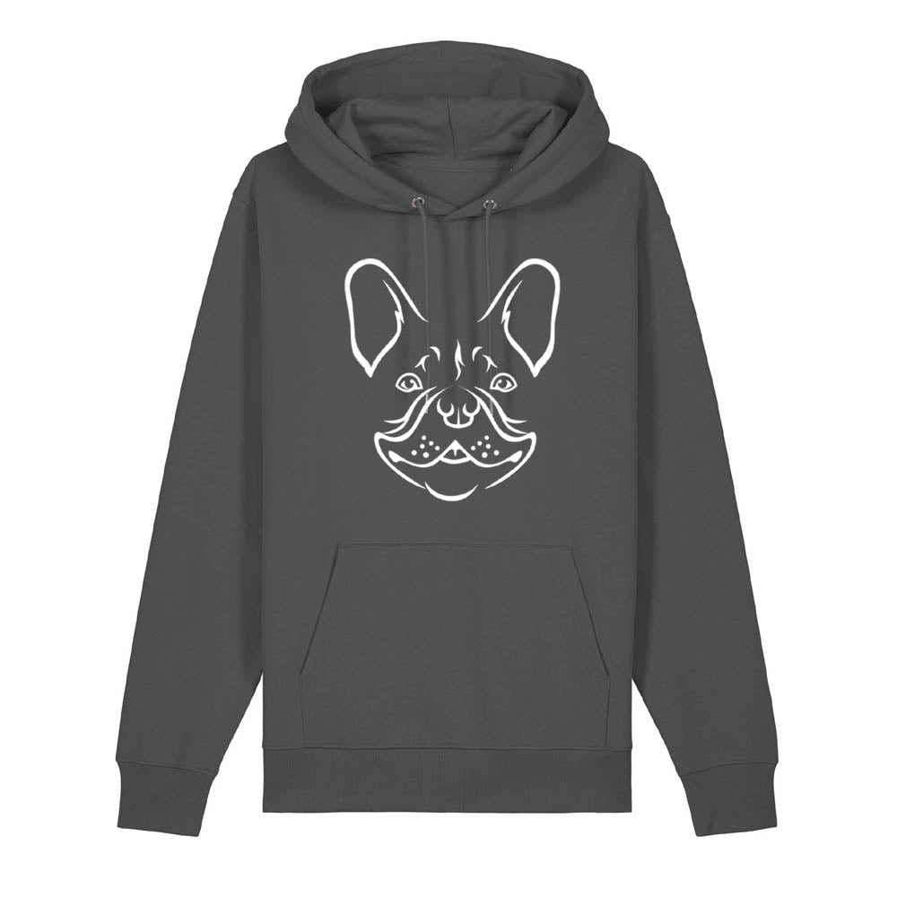 White outline illustration of the head of a French Bulldog on the front of an anthracite grey unisex Hoodie