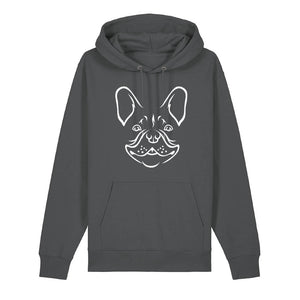 White outline illustration of the head of a French Bulldog on the front of an anthracite grey unisex Hoodie