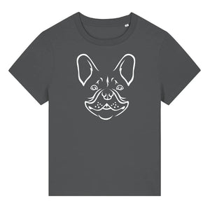 White outline illustration of the head of a French Bulldog on the front of an anthracite grey ladies t-shirt