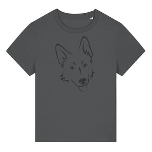 Black outline illustration of the head of a German Shepherd on the front of an anthracite grey ladies t-shirt