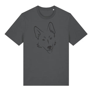 Black outline illustration of the head of a German Shepherd on the front of an anthracite grey unisex t-shirt