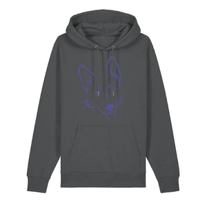 Blue outline illustration of the head of a German Shepherd on the front of an anthracite grey unisex Hoodie