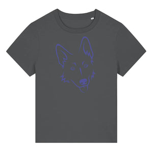 Blue outline illustration of the head of a German Shepherd on the front of an anthracite grey ladies t-shirt