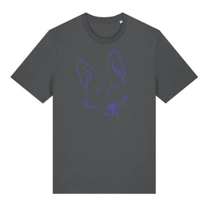 Blue outline illustration of the head of a German Shepherd on the front of an anthracite grey unisex t-shirt