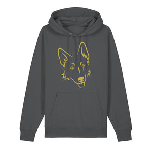 Gold outline illustration of the head of a German Shepherd on the front of an anthracite grey unisex Hoodie