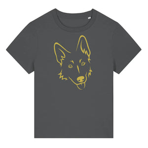 Gold outline illustration of the head of a German Shepherd on the front of an anthracite grey ladies t-shirt