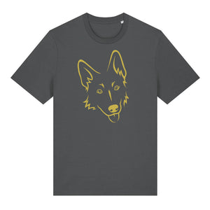 Gold outline illustration of the head of a German Shepherd on the front of an anthracite grey unisex t-shirt
