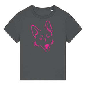 Magenta outline illustration of the head of a German Shepherd on the front of an anthracite grey ladies t-shirt