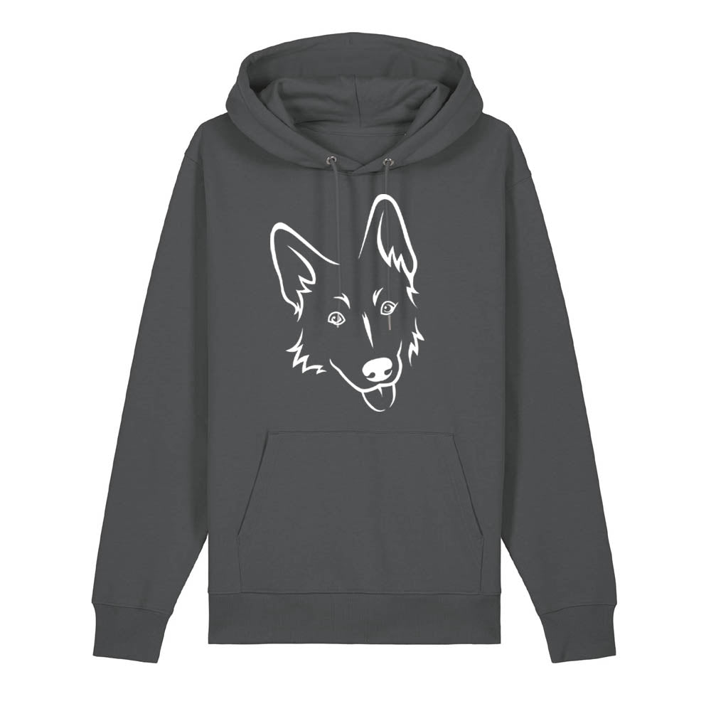 White outline illustration of the head of a German Shepherd on the front of an anthracite grey unisex Hoodie