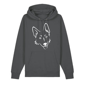 White outline illustration of the head of a German Shepherd on the front of an anthracite grey unisex Hoodie