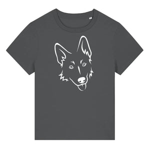 White outline illustration of the head of a German Shepherd on the front of an anthracite grey ladies t-shirt