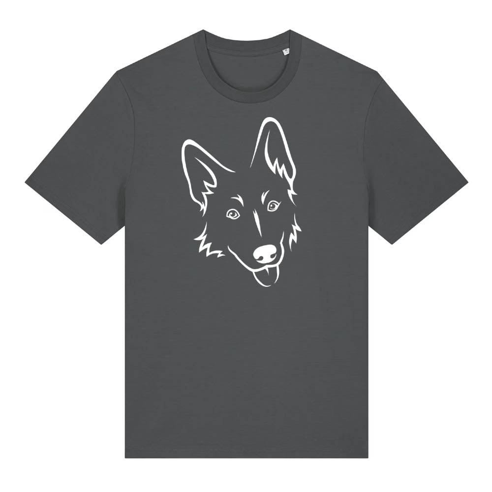 White outline illustration of the head of a German Shepherd on the front of an anthracite grey unisex t-shirt