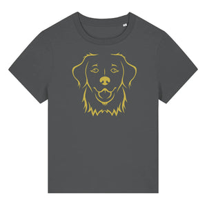 Gold outline illustration of the head of a Golden Retriever on the front of an anthracite grey ladies t-shirt