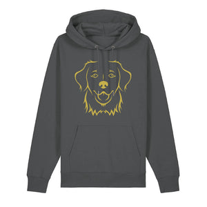 Gold outline illustration of the head of a Golden Retriever on the front of an anthracite grey unisex Hoodie