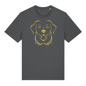 Gold outline illustration of the head of a Golden Retriever on the front of an anthracite grey unisex t-shirt